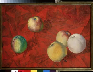 Epler på rød bakgrunn. (Epler på den røde bakgrunnen). Maleri av Kuzma Sergeyevich Petrov Vodkin (Petrov-Vodkin) (Kouzma Petrov Vodkin) (Petrov-Vodkin) (1878-1939), olje på lerret