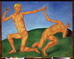 Garcons jouant. (kjedsomhet og homoseksualitet). Peinture de Kuzma Sergeyevich Petrov Vodkin (Petrov-Vodkin) (Kouzma Petrov Vodkine) (Petrov-Vodkine) (1878-1939), huile sur toile