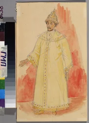 Kostymeprosjekt for operaen ""Boris Godunov"" av Modest Mussorgsky (1839-1881). Verk av Kuzma Sergeyevich Petrov Vodkin (Petrov-Vodkin) (Kouzma Petrov Vodkin) (Petrov-Vodkin) (1878-1939), blyant og akvarell på papir