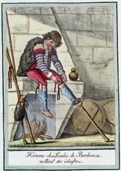 Mann fra Landes ved Bordeaux tar på seg styltene sine - i «Encyclopédie des voyages» av J. Grasset St Sauveur, Deron, Paris