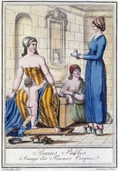Offentlige bad for bruk av tyrkiske kvinner - i "" Encyclopedia of travels"" av J. Grasset St Sauveur, Deroy, Paris