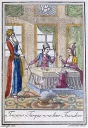 Tyrkiske kvinner med deres Tanndour - i "" Encyclopedia of Travels"" av J. Grasset St Sauveur, red. Deroy, Paris