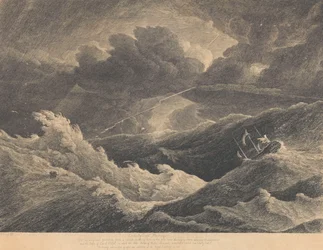 Fra en skisse laget i 1804 under en storm mellom Madagaskar og Kapp det gode håp der indiamanskipet «Prince of Wales» gikk fullstendig tapt, ca. 1804 (etsning)