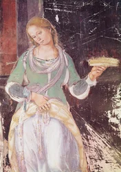 Tjener som holder en kurv, detalj av St. Benedict som mottar gjestfrihet, fra St. Benedicts liv, 1497-98 (detalj av 164410)