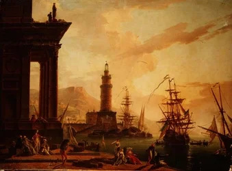 Capriccio av en middelhavshavn med en nederlandsk fregatt og annen skipsfart