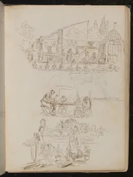 En hage- og vaskeriscene med kvinnelige figurer påskrevet "Genuese Well", og en studie av fire figurer påskrevet "Manentis familie til middag"