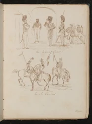 Studier av soldater påskrevet "Imperial Guards", soldater med flagg på hesteryggen påskrevet "French Lancers"