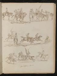 Tre studier av soldater på hesteryggen påskrevet "Garibaldian Cavalry"