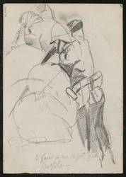 To soldater som skyter nedover over sandsekker, påskrevet "to face for å få full profil?", 1879