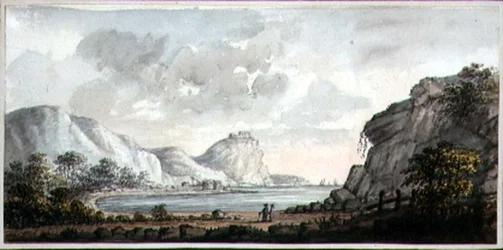 Landskap med to figurer med utsikt over en bukt, ca. 1825 (akvarell på papir)