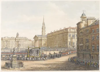 Begravelsesbilen og prosesjonen ved statsbegravelsen til hertugen av Wellington forbi Mansion House 18. november 1852