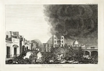 Utsikt over Torro del Greco: Tatt den 8. dagen etter Vesuvs utbrudd, 15. juni 1794, 1822 (gravering og etsning)