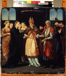 Marias og Josefs ekteskap (Marias ekteskap med Josef). Maleri av Lambert Lombard (1505-1566). Renessansekunst. Olje på tre. Regionalt kunstmuseum, Uzhhorod (Uzhgorod eller Uzhgorod), Ukraina