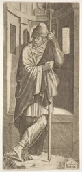 St. James Major lente seg på en stang foran en nisje, venstre ben krysset over høyre, fra..., 1545.