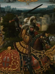 Detalj av legenden om St. George (olje på panel)