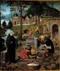 Legend of Saint Bertin: Abbe Saint Bertin of Sithiu (610-709) leder byggingen av klosteret Sithiu i Saint Omer. Detalj av et panel tilskrevet Lancelot Blondeel (1495-1561) fra skatten til Saint Bertin. Museum of Fine Arts, Dijon