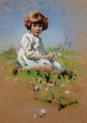 Marjorie - a A Girl Picking Daisies (pastell på papir)