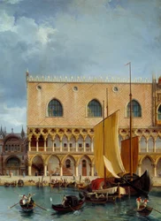 Maritim handel foran Dogepalasset. Detalj av utsikten over en del av hertugpalasset og piazzettaen i Venezia. Maleri av Theodore Turpin De Crisse (1782-1859)