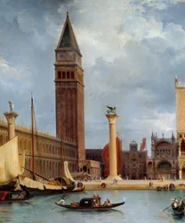 Omvisning i palasset detalj av utsikten over en del av hertugpalasset og piazzettaen i Venezia. Maleri av Theodore Turpin De Crisse (1782-1859)