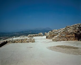 Megaron of the Royal Palace: stedet for den gamle byen Mykenes, på Peloponnes (1500-1100 f.Kr.) Hellas
