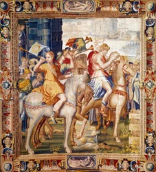 Herauts rir. Gardin fra Artemises historie. Ull- og silketeppe laget av Laurent Guyot (1756-1806) og Henri Lerambert (ca. 1540/1550-1608) på verkstedene til faubourg Saint Marcel (1601-vers1670). Paris fra 1600-tallet, nasjonale møbler