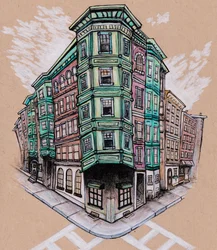 North End, ca. 2019 (fargeblyant og blekk på brunt kunstpapir)