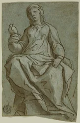 Sittende kvinnelig figur (Saint Scholastica?) Holder en due
