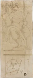Sittende figur med krone, holder septer og bok, med vert under