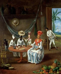 En mulattkvinne med sin hvite datter besøkt av svarte kvinner i huset deres på Martinique, 1775