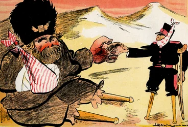 Fremtidsalliansen - "Vi burde ha startet slik!" – Russere og Japan håndhilser. 1904 (lito)