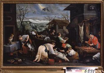 ««Desember måned»» (desember) Grisene slaktes. Steinbukken tegn symbol på himmelen. Maleri av Leandro Bassano da Ponte (1557-1622) 1595-1600 Statens kunstmuseum Tula Russland