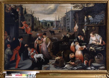 ""Le mois de fevrier"" (februar) Vandrescene ved karnevalstid. Fiskene tegn symbol på himmelen. Maleri av Leandro Bassano da Ponte (1557-1622) 1595-1600 Mål 144x190 cm Statens kunstmuseum Tula Russland