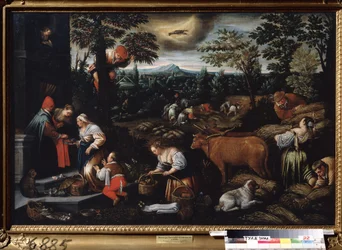""Juni måned"" (juni) Arbeid på gården, plukking av kirsebær og sanking av hvete. Kreft tegn symbol på himmelen. Maleri av Leandro Bassano da Ponte (1557-1622) 1595-1600 Statens kunstmuseum Tula Russland
