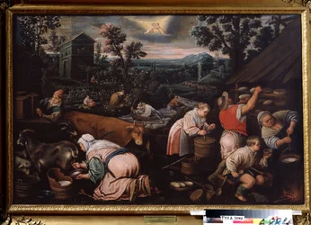 ""Mai måned"" (mai) Melking av geiter, lager ost. Gemini tegn symbol på himmelen. Maleri av Leandro Bassano da Ponte (1557-1622) 1595-1600 Statens kunstmuseum Tula Russland
