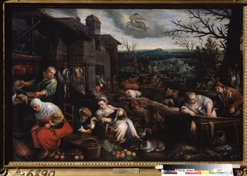 ""November måned"" (november) En kvinne steker kastanjer, en annen tar seg av å tilberede gjessene. Symbol på skyttens tegn på himmelen. Maleri av Leandro Bassano da Ponte (1557-1622) 1595-1600 Statens kunstmuseum Tula Russland