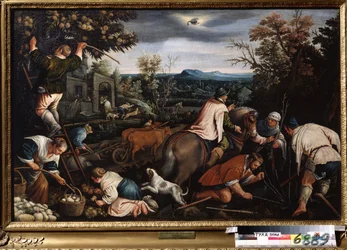 ""Oktober måned"" (oktober) Arbeid i feltene. Bønder planter trær. Symbol på tegnet til skorpionen på himmelen. Maleri av Leandro Bassano da Ponte (1557-1622) 1595-1600 Statens kunstmuseum Tula Russland