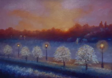Frosty Riverside, Eel Pie Island, Themsen, 2023 (olje på lerret)
