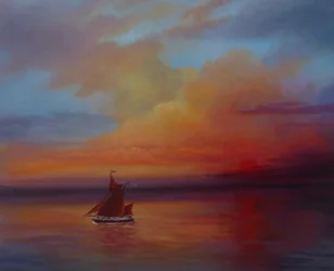 Red Sails - Thames Barge på fullt seil, 2022 (olje på lerret)