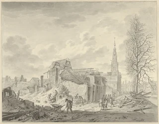 Utsikt over Rapenburg i Leiden etter kruttkatastrofen 12. januar 1807