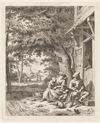 Familie med hund, sitter foran et hus Landskap med figurer (serietittel)