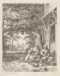Familie med hund, sitter foran et hus Landskap med figurer (serietittel)