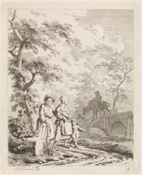 Gammel mann, kvinne og barn på en skogssti Landskap med figurer (serietittel)