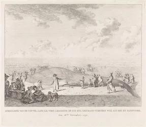 Finnhval skylt opp på stranden ved Zandvoort Bilde av Vin-Vis (...) strandet mellom Wyk aan Zee og Zandvoord, 18. november 1791 (tittel på objekt)