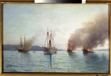 Russisk torpedobåt storhertug Konstantin ødelegger de tyrkiske skipene ved Bosporos i 1877 (den russiske torpedobåten Tender storhertug Konstantin ødelegger de tyrkiske skipene ved Bosporos i 1877). Sjøslag i krigen mellom russerne