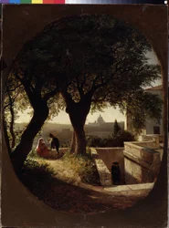 Nær Roma (Italia) (Nær Roma). En kvinne som sitter under trær med en baby i armene, lytter til en mann i hatt og kappe. En annen mann nærmer seg dem fra trappa. Maleri av Lev Felixovich Lagorio (1827-1905),