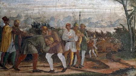 Scene fra Life of Prodigal Son, av Circle of Lelio Orsi (1511-1587), Rocca di Novellara, Emilia-Romagna, Italia