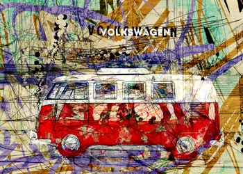 Fargerik retro-kunst med varebiler