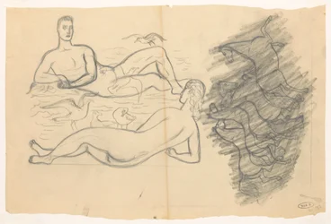 Naken mann og kvinne på stranden, omgitt av måker