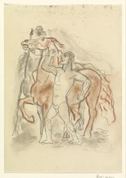 Naken mann holder to hester i sjakk