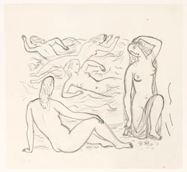 Fem nakne kvinner, i bølgene eller på stranden